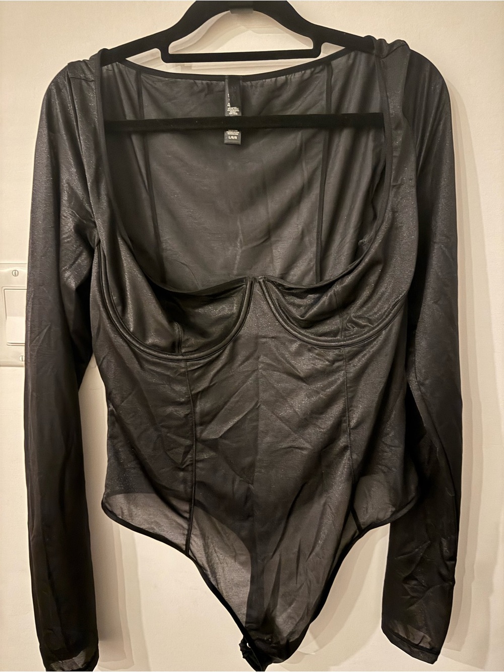 SKIMS Sheer Long-Sleeve Black Bodysuit - size Large